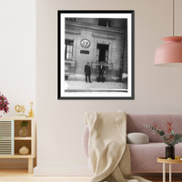 Frank George Carpenter standing in front of U.S. Consulate window; bird in cage on sill; Europe, 19-?, Vintage Poster