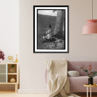 Historic Framed Print, [Nude young person with pan pipes and leopard skin, in nature],  17-7/8" x 21-7/8"