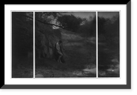 Nude boy with cape against rocks, boat in distance, triptych.FHD 1909, Vintage Print