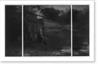 Nude boy with cape against rocks, boat in distance, triptych.FHD 1909, Vintage Print
