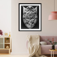 Historic Framed Print, [Patriotic sculptured/bas-relief centennial shield with central bust of Washington, and America flanked by Lincoln and Grant, all surrounded by Jefferson, Monroe, Steuben, Scott, Jackson, and LaFayette],  17-7/8" x 21-7/8"