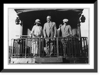 Warren G. Harding, full length portrait, standing on back of Northern Pacific train, facing left; with wife and Gardener, departing, Historic Print