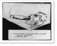 Self-portrait caricature by Rudyard Kipling, 1889. Sketch of head of man with cigar in mouth, Antique Wall Art