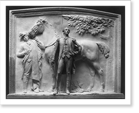 Marquis de Lafayette, sculpture, full length statue, facing right, in front of bas-relief of man holding horse by reins, Vintage Print
