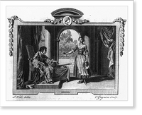 Old queen on throne offering crown and scepter to young woman, Vintage Poster