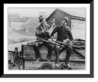 2 men seated on a wagon and holding 2 rabbits and 2 shotguns, Historic Reproduction