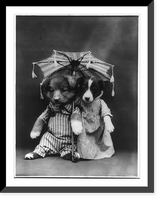 Dogs dressed as humans and posed in human situations: male and female puppies under umbrella Classic, Antique Print
