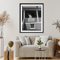 Jack Dempsey at his training camp, June 1921: manager (?) waving from porch of camp, Antique Poster