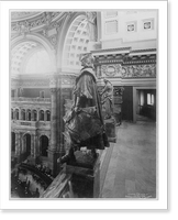 Library of Congress. Main Reading Room. Gallery with statue of Christopher Columbus, Vintage Print