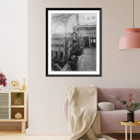 Library of Congress. Main Reading Room. Gallery with statue of Christopher Columbus, Vintage Print