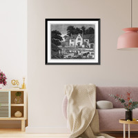 Historic Framed Print, [Farm scene showing house, animals, people working],  17-7/8" x 21-7/8"
