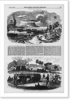 Historic Framed Print, Nicaragua - 2 illus.: 1. Troops landing at Virgin Bay, en route to Costa Rica; 2. Examining a squad of men at Virgin Bay, about to depart for the scene of war,  17-7/8" x 21-7/8"