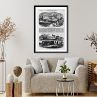 Historic Framed Print, Nicaragua - 2 illus.: 1. Troops landing at Virgin Bay, en route to Costa Rica; 2. Examining a squad of men at Virgin Bay, about to depart for the scene of war,  17-7/8" x 21-7/8"