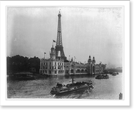 Pavilion of Portugal at left, Food Products building at right with Eiffel Tower in background and tourist boats on the River Seine, Paris Exposition, 1889, Antique Wall Art