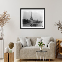 Pavilion of Portugal at left, Food Products building at right with Eiffel Tower in background and tourist boats on the River Seine, Paris Exposition, 1889, Antique Wall Art