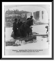Niagara. Assisting Mrs. Anna E. Taylor out of the barrell sic after her terrible trip over the falls, Historic Print