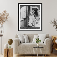 Historic Framed Print, [Amorous situation comedies involving domestics: milkman kissing woman],  17-7/8" x 21-7/8"