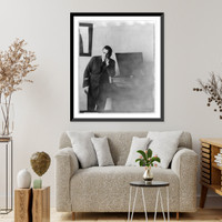 Enrico Caruso, 1873-1921, three-quarter length portrait, standing, facing left, listening to his own voice on a Victor machine Classic, Antique Wall Art