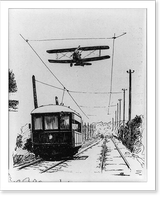 Airplane racing above electric railway car, Antique Poster
