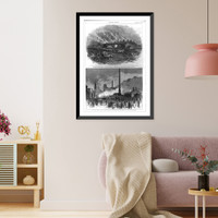 Historic Framed Print, The Great [railroad] Strike [Pittsburgh, Pa. 1877]: Burning of the Round-house at Pittsburgh; A funeral among the ruins... [2 scenes (single page)],  17-7/8" x 21-7/8"