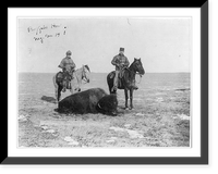 Two men on horseback with rifles, over dead buffalo, Antique Print