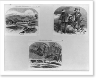 Three illustrations: 1. Timber raft; 2. Lumbermen; 3. Hauling logs by oxen, Antique Poster
