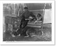 Historic Framed Print, [Albert Payson Terhune writing at outdoor desk, surrounded by collies Lad, Bruce, and Wolf],  17-7/8" x 21-7/8"