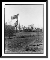 U.S., Red Cross & unid. flag on flagpole; Clara Barton House in backgrd., Glen Echo, Md, Historic Reproduction