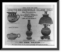 Advertisement for Smith-Brudewold Glass Co., illustrated with three lamps and a Japanese syrup pitcher, Vintage Wall Art