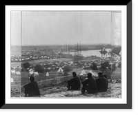 Encampment of Army of Potomac at Cumberland Landing on Pamunkey River; 5 Union soldiers seated on hill in foregrd, Vintage Print
