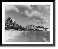 Historic Framed Print, [Waikiki Beach, Honolulu, Hawaii: View from beach showing the Moana Hotel at right and portion of the Royal Hawaiian Hotel at left],  17-7/8" x 21-7/8"