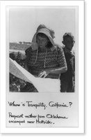 Where is Tranquility, California? Pregnant migrant mother from Oklahoma encamped near Holtville, Calif.; looking at road map, Historic Reproduction