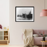 View of Riga, Latvia with waterfront in foregrd; freighter ERIK and lumber barges, Vintage Wall Art