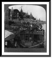 Historic Framed Print, In a native river boat - N. down the Ganges at Benares, alongside bathing and burning Ghats,  17-7/8" x 21-7/8"