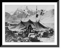 Nomadic family in front of tent; snow-capped mountain in background, Tibet, Antique Print