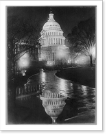 D.C. Washington. Capitol. Exterior. 1920. Night view in rain, showing automobiles, Vintage Print