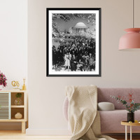 Large crowd looking at cherry blossoms around Tidal Basin in front of the Jefferson Memorial, Vintage Print