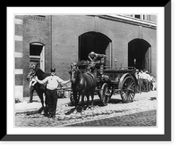 Fireman with 2 horses and fire engine in front of firehouse, 11th and Lucas, St. Louis, Mo, Vintage Poster