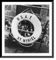Historic Framed Print, [Two scenes aboard the U.S.A.T. St. Mihiel: A group of men leaning over the railing, and a view through a life preserver framing people on the deck below],  17-7/8" x 21-7/8"