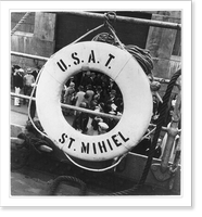 Historic Framed Print, [Two scenes aboard the U.S.A.T. St. Mihiel: A group of men leaning over the railing, and a view through a life preserver framing people on the deck below],  17-7/8" x 21-7/8"