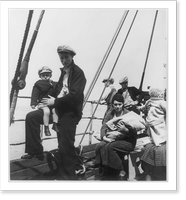 Historic Framed Print, [Two scenes aboard the U.S.A.T. St. Mihiel: A group of male passengers standing along railing on deck of ship, and a family group on deck],  17-7/8" x 21-7/8"