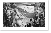 Historic Framed Print, [Mural paintings of historical allegory: map of early Los Angeles; Spanish and Mex. settlers; Indians making pottery],  17-7/8" x 21-7/8"
