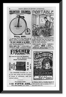 Historic Framed Print, [Two pages of advertisements for Columbia bicycle, Portable typewriter, Fischer piano, Curlyqueue hair curlers, Huckins Soups, Durkee's spices, mustard, & salad dressing, and natural stone water filter],  17-7/8" x 21-7/8"