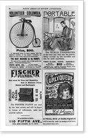 Historic Framed Print, [Two pages of advertisements for Columbia bicycle, Portable typewriter, Fischer piano, Curlyqueue hair curlers, Huckins Soups, Durkee's spices, mustard, & salad dressing, and natural stone water filter],  17-7/8" x 21-7/8"