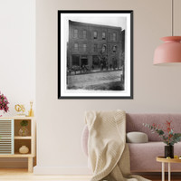 Historic Framed Print, [African Americans standing outside brick building Frien[dship] Phar[macy]" and "Post Office",  with horse-drawn carriage in street]",  17-7/8" x 21-7/8"