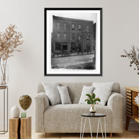Historic Framed Print, [African Americans standing outside brick building Frien[dship] Phar[macy]" and "Post Office",  with horse-drawn carriage in street]",  17-7/8" x 21-7/8"