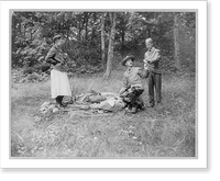 Historic Framed Print, [Henry Van Dyke and 2 others with sandwiches at campfire],  17-7/8" x 21-7/8"