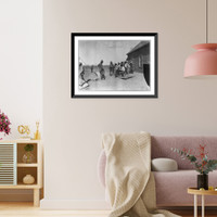 Historic Framed Print, [Mexican War, 1914: U.S. soldiers interviewing Mexican refugees; man wearing bowler hat and Red Cross armband seated in center],  17-7/8" x 21-7/8"