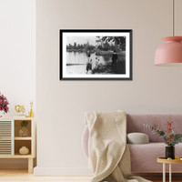 Historic Framed Print, [Children wading at edge of lake],  17-7/8" x 21-7/8"