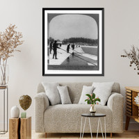 Historic Framed Print, Ice harvesting, Conneaut Lake, Pa.: Separating sections of ice and floating them to channel which leads to ice house,  17-7/8" x 21-7/8"